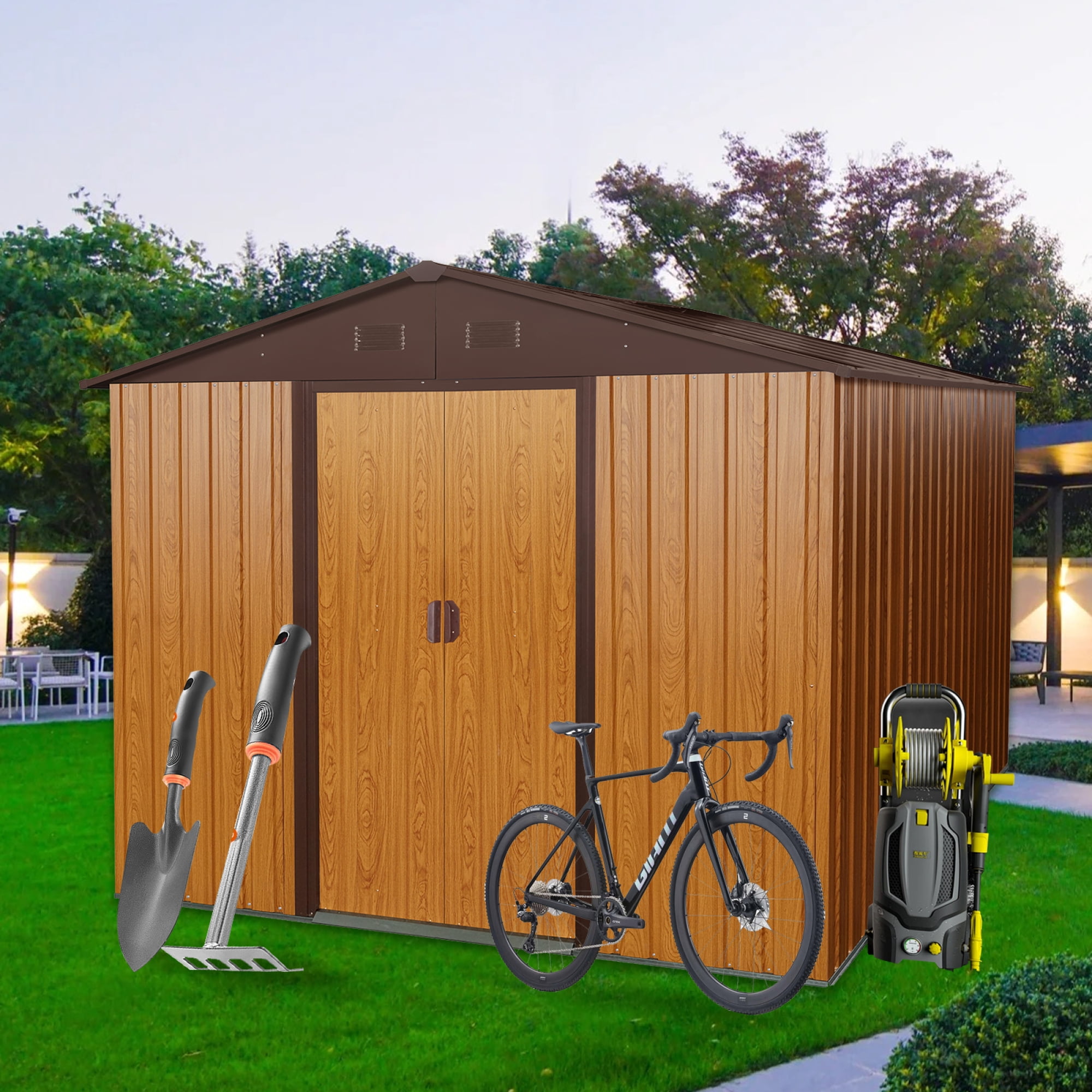 Jopath 8ft x 10ft Outdoor Metal Storage Shed with Metal Foundation for Backyard Lawn and Patio Furniture Coffee