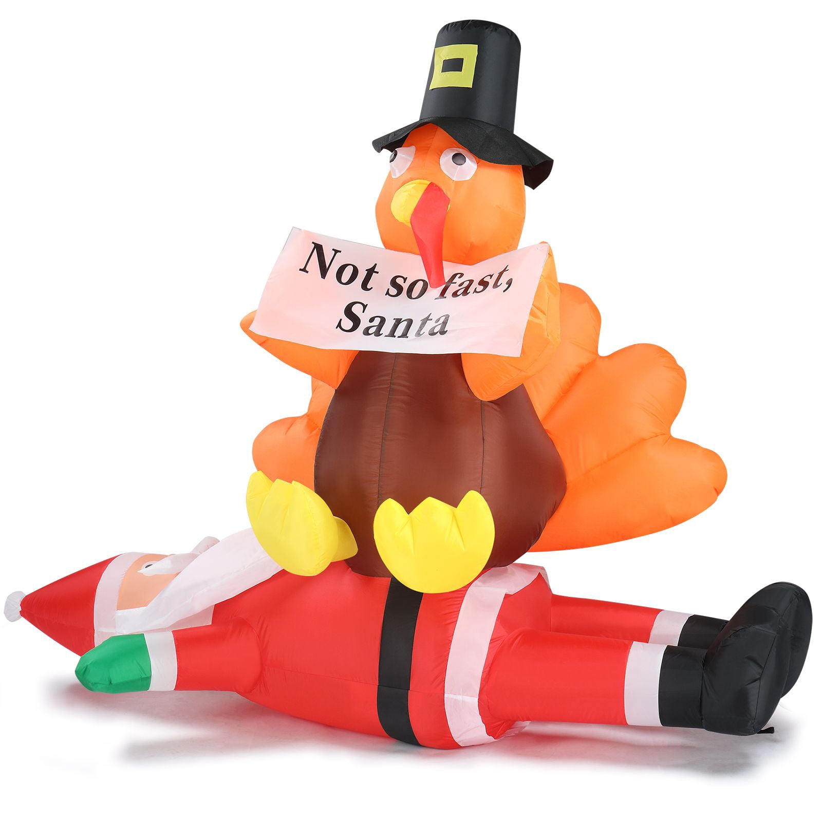 4.9FT Lighted Christmas Inflatable Decoration, Inflatable Turkey Sitting on Santa Claus, Funny Blow Up Yard Decorations with Built-in LED Lights for Holiday Party Front Yard Lawn Garden Decor