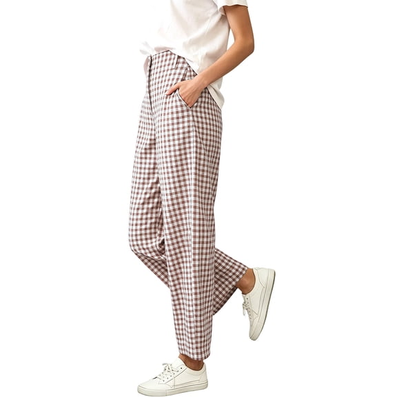 Snorda Plaid Pants for Women High Waisted Tapered Ankle Pants with Pockets Ladies Casual Loose Comfy Soft Wide Leg Pants for Daily Wear