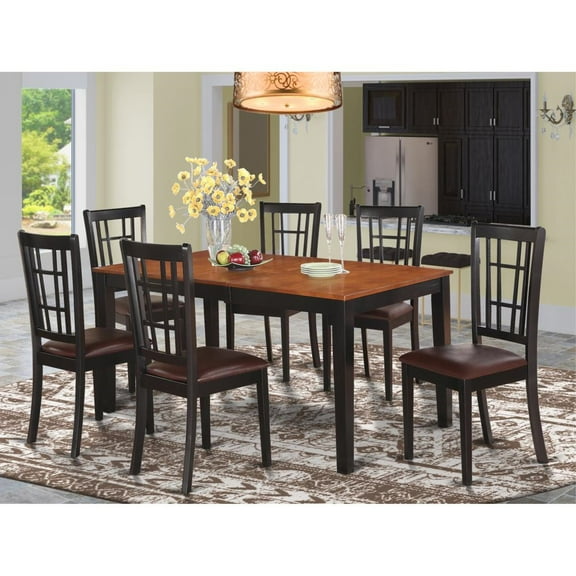 East West Furniture Nicoli 7-piece Dining Set with Leather Seat in Black/Cherry