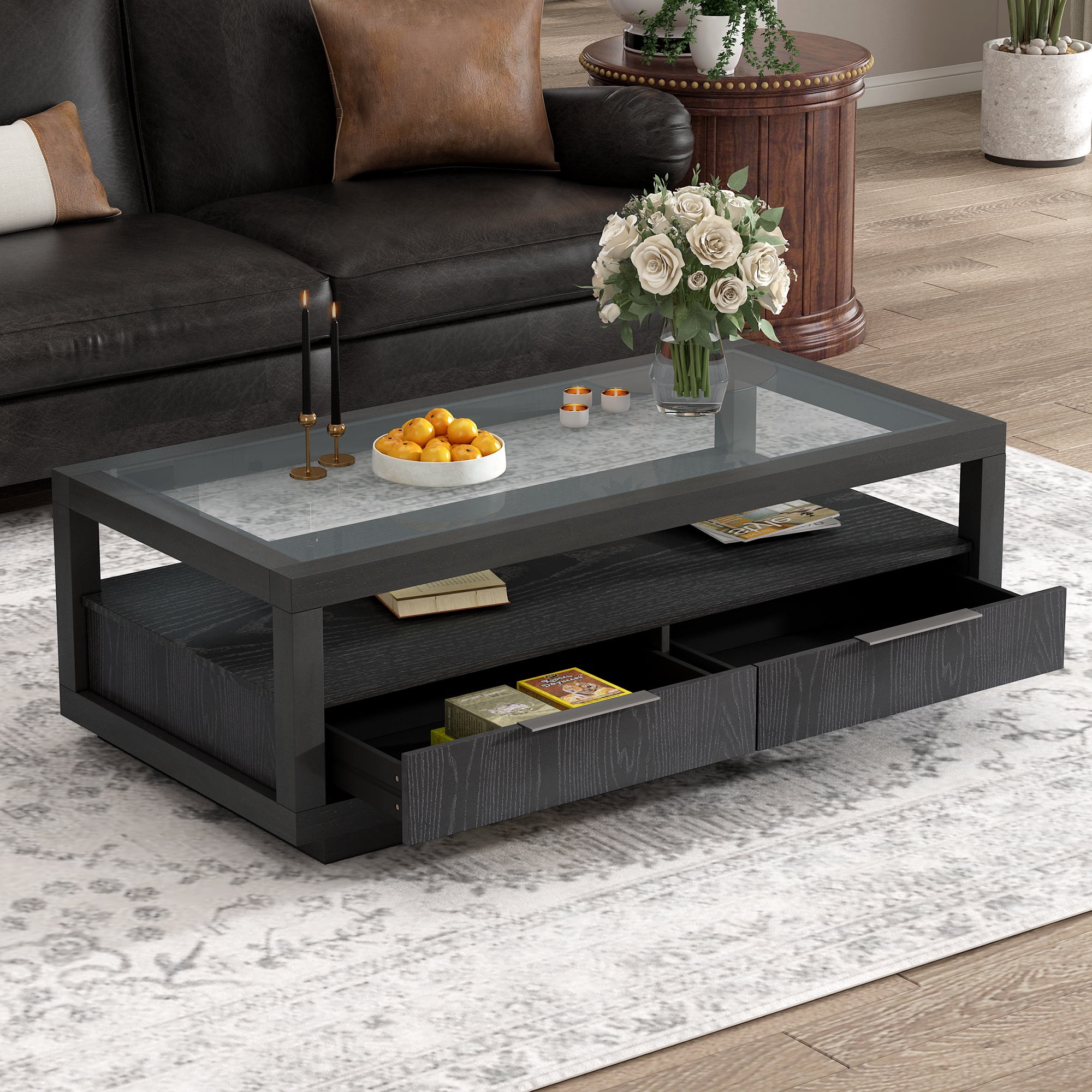 PORKISS Black Coffee Table, Wood Display End Table with 2 Drawers, Modern Center Table with Tempered Glass Table Top and Open Shelf for Living Room, Black