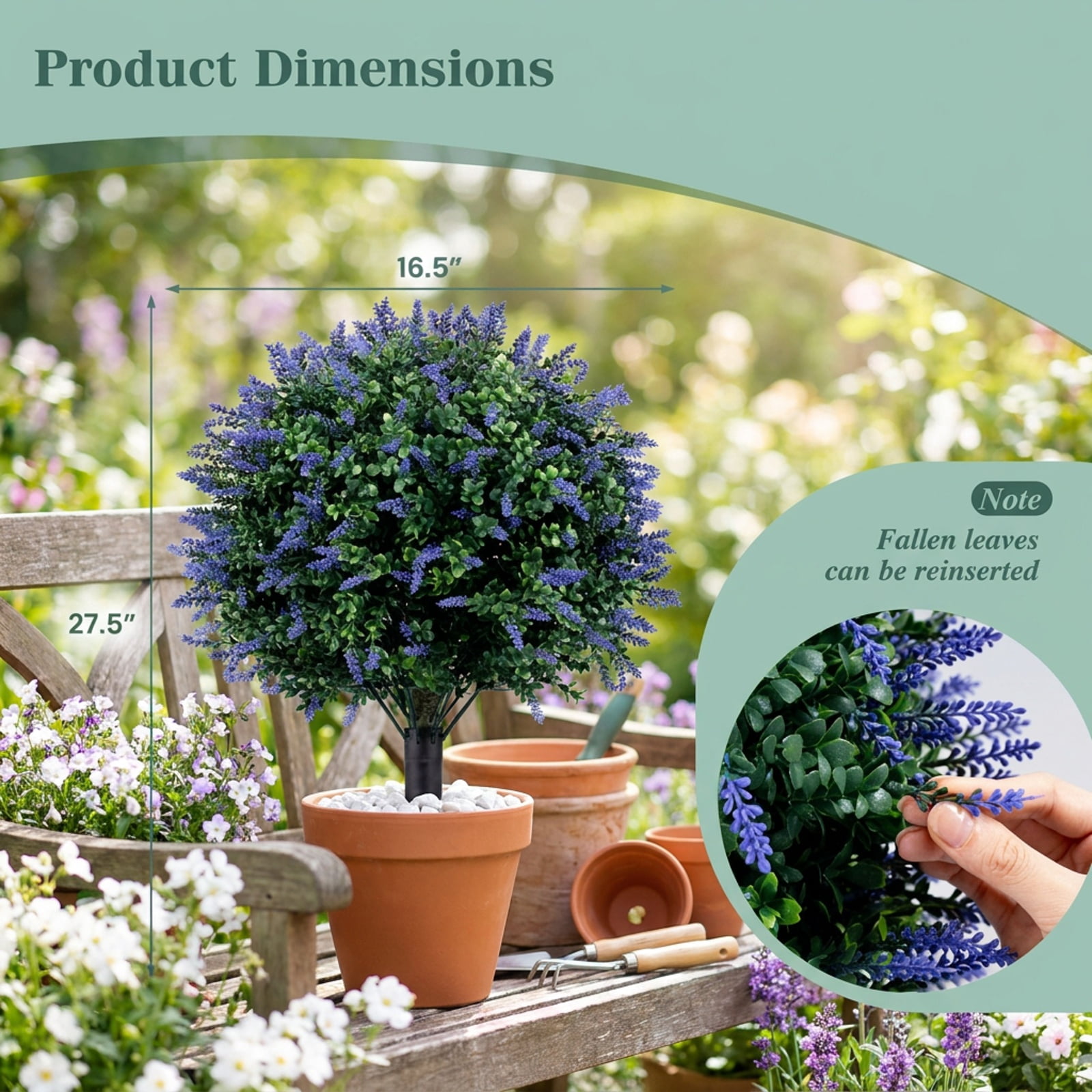 Vebreda Artificial Plant Decor, 2 Pack Artificial Lavender Boxwood Topiary Ball Trees with Ground Spikes, Natural Look with Floral Accent