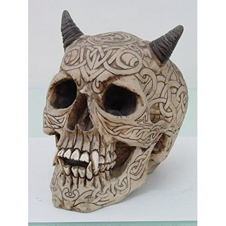 Celtic Horn - 8 Inch Celtic Skull with Horns Pattern Embellished Statue Figurine