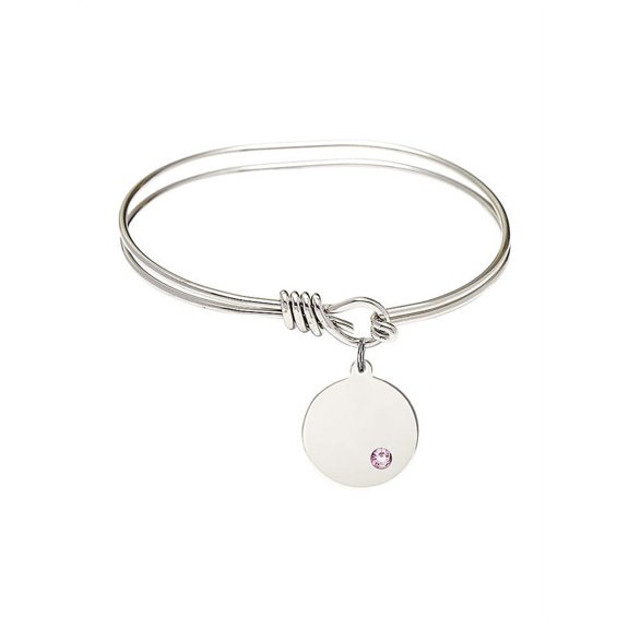 5 3/4 inch Oval Eye Hook Bangle Bracelet w/ Plain Disc medal charm w/ Light Purple Swarovski Crystal