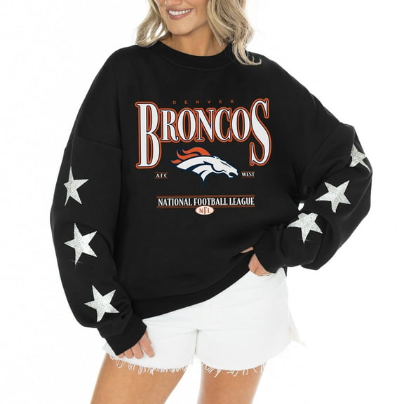 Women's Gameday Couture Black Denver Broncos Rhinestone Star Sleeve Settle the Score Oversized Tri-Blend Pullover