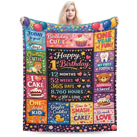 First Birthday Blanket Gift Cute Baby Birthday Pattern Throw Blanket Cozy Soft Home Decor Gift for One Year Old Boy Girl Celebration Blanket 50x40
