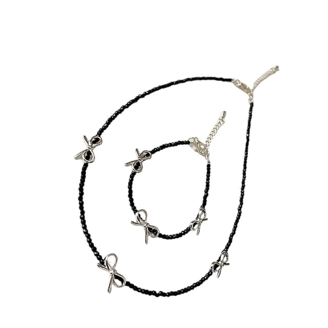 Fashion Black Crystals Beaded Bowknot Bracelet Necklace Set Versatile Alloy Jewelry Accessory for Terndy Women Gifts
