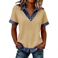 thumbnail image 2 of JoveMarine Women's Short Sleeve Top with Denim Collar Patchwork V-Neck Faux Two-Piece Casual Blouse for Daily Wear Spring/Summer Khaki M, 2 of 7