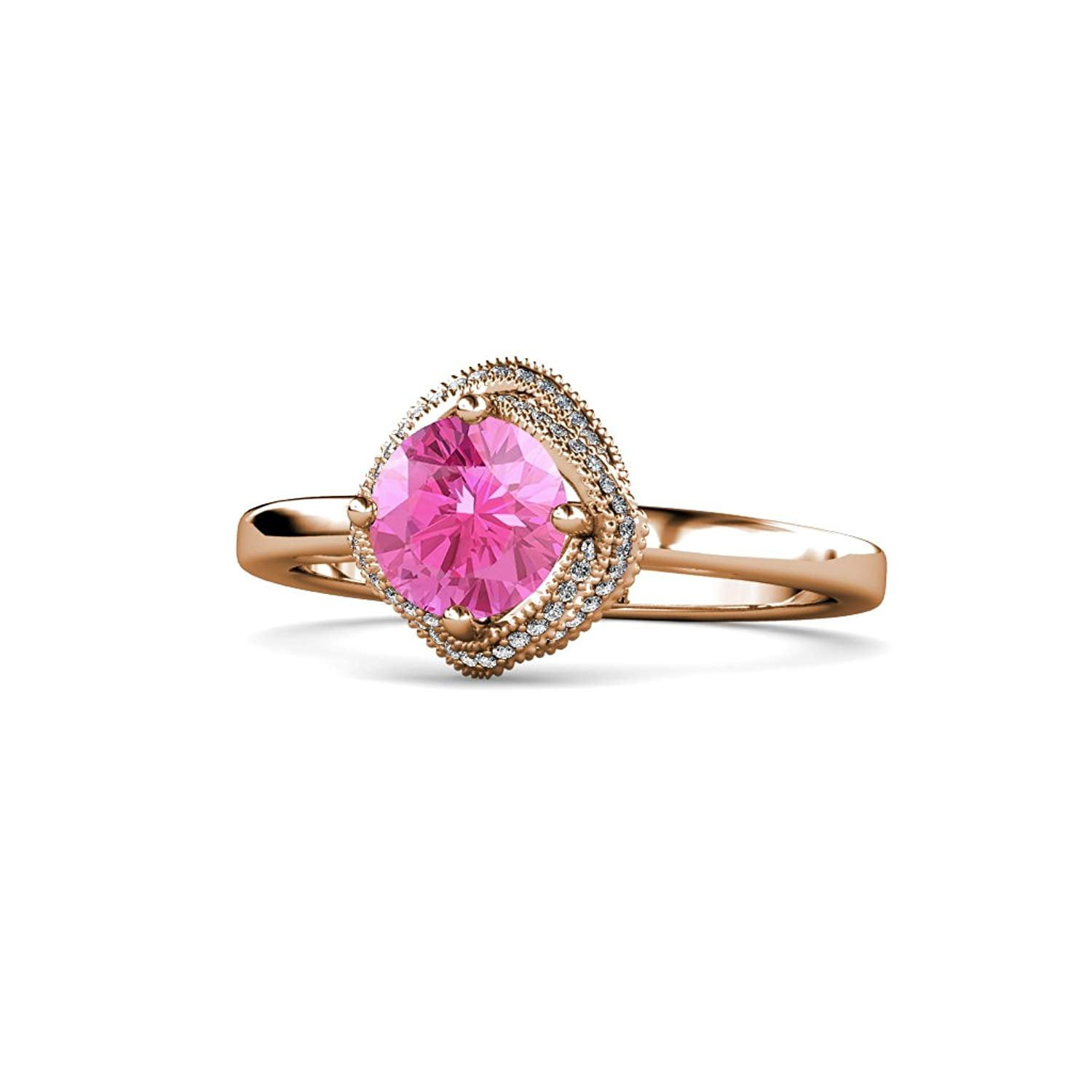 Pink Sapphire and Diamond Halo Engagement Ring with Milgrain Work 1.17 ct tw in 14K Rose Gold by TriJewels