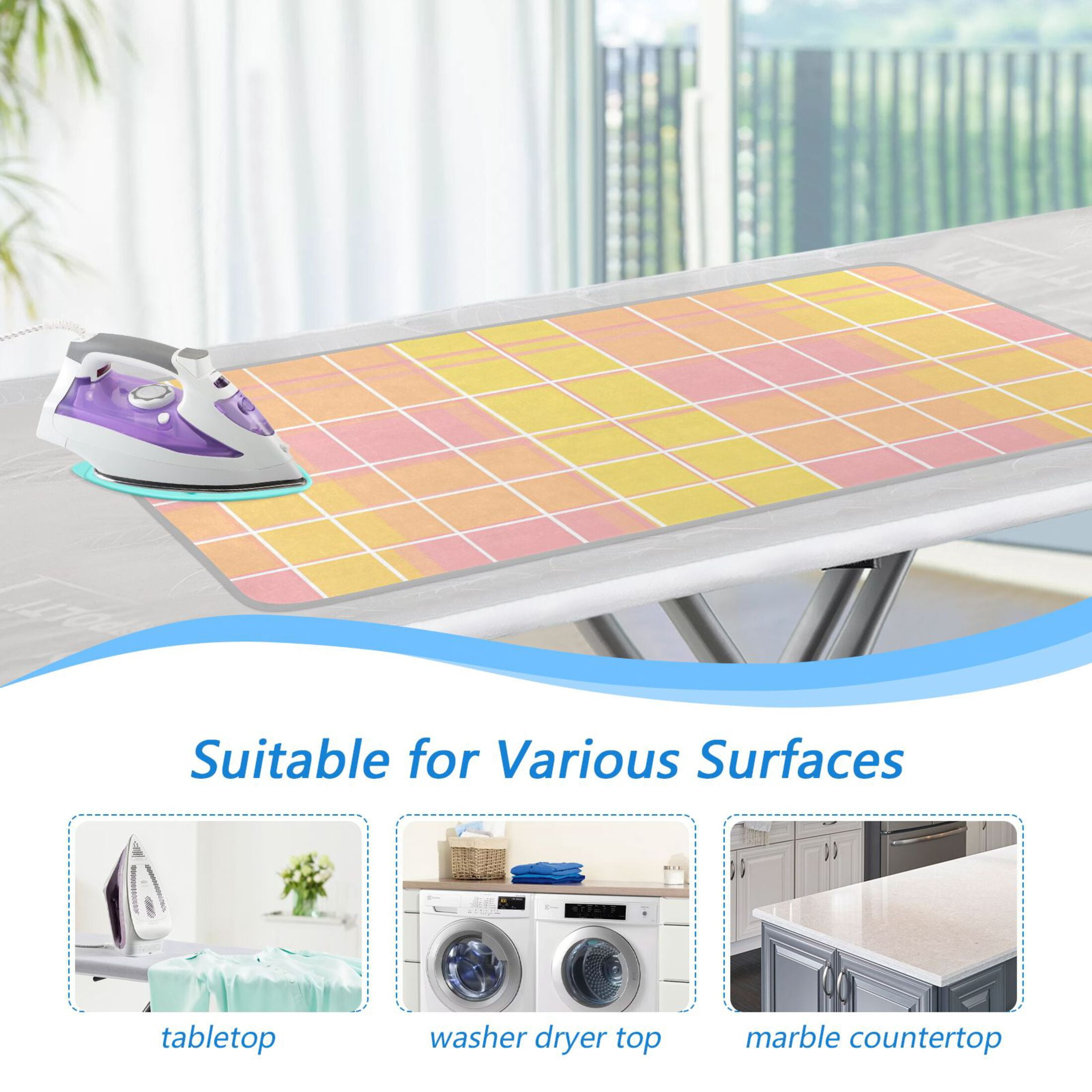 Yellow and Pinkish Plaids Ironing Mat Blanket Portable Travel Ironing Pad Heat Resistant Pad 47.2" x 27.6”