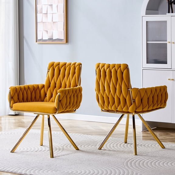 Oufan Luxury Dining Chair set of 2, Velvet Accent Chair with Metal Legs & Upholstered, Armchair with Woven Rope Backrest for Dining Room, Living Room
