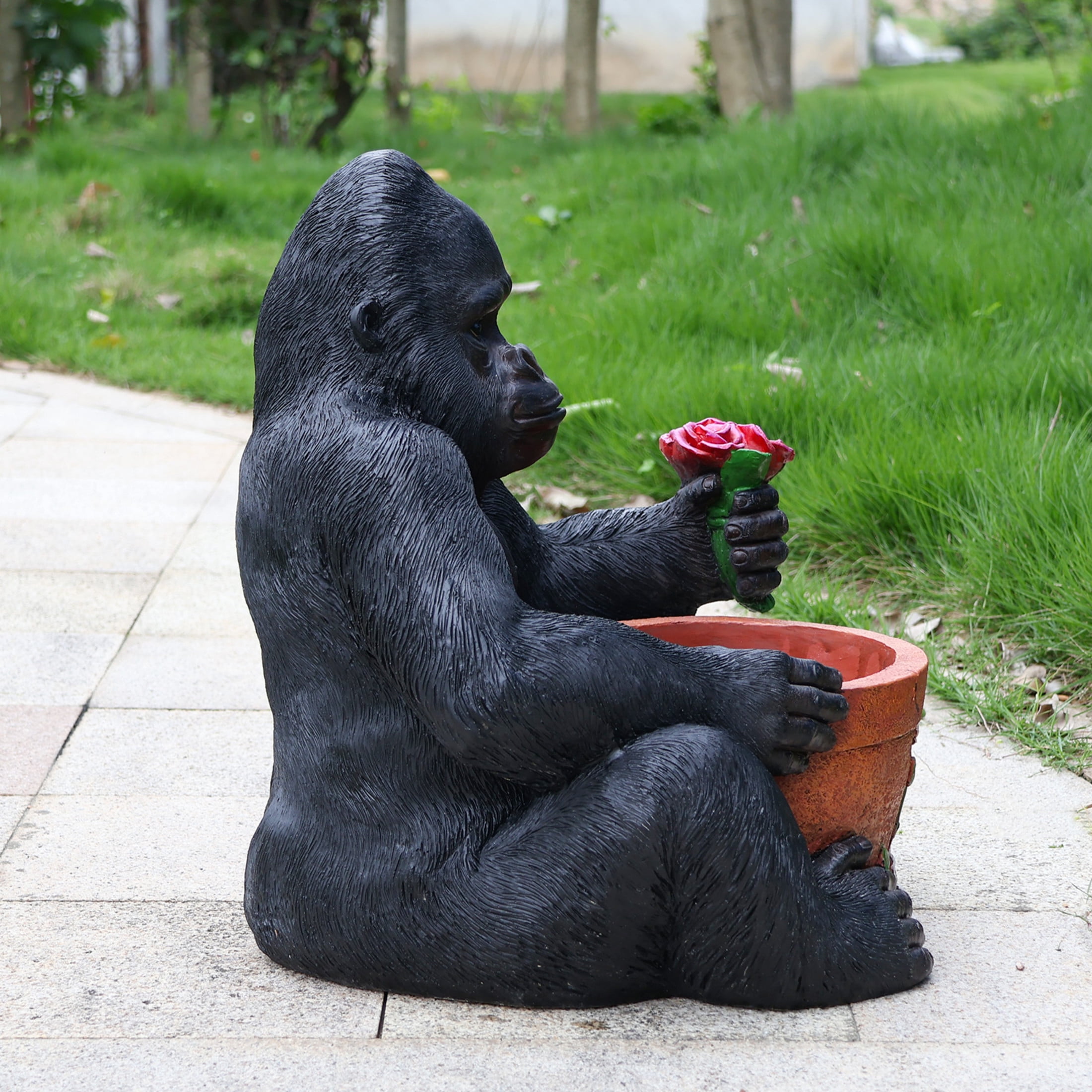 Noble House Sitting Chimpanzee Garden Planter Pot, Whimsical Resin Figurine Flower Pot for Outdoor Porch and Yard Decor, Multicolor