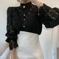 thumbnail image 2 of Women’s Lace Long Puff Sleeve Top Stand Collar Pearl Button Solid Color Blouse Shirt, 2 of 4