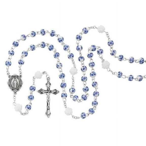 McVan R767WM Blue Ceramic Miraculous Rosary with Flowers Boxed