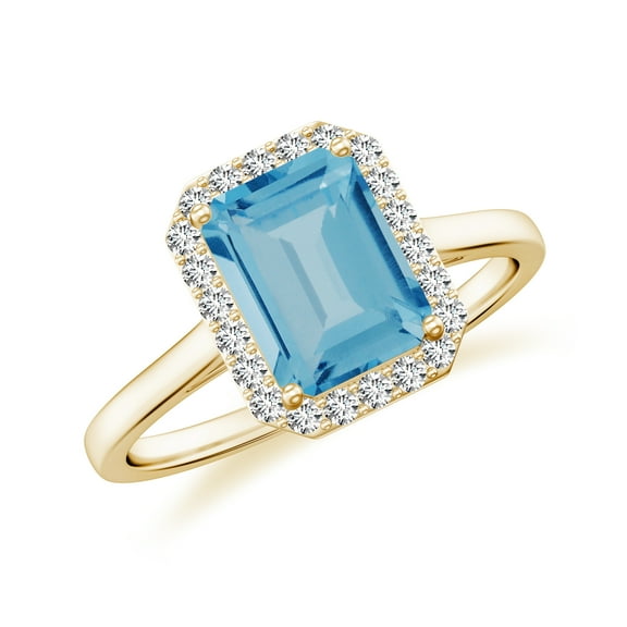 Natural Emerald Cut Blue Topaz Halo Engagement Ring with Moissanite in Yellow Gold Plated/ 925 Sterling Silver| December Birthstone, Birthday, Anniversary, Wedding Jewelry, Ring Size 5