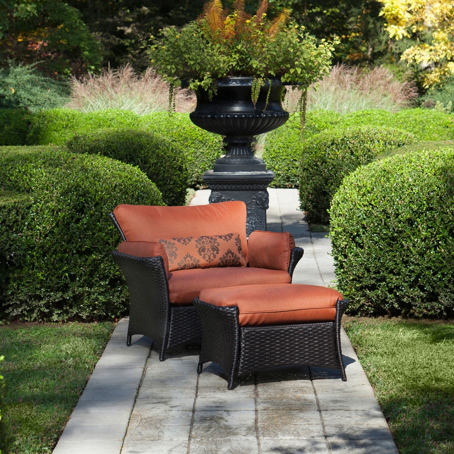 Hanover Strathmere Allure 2-Piece Steel Outdoor Patio Set Outdoor Patio Deep Seating Set with Brown Wicker, Woodland Rust Brown Cushions, and Oversized Ottoman, STRATHALLURE2PC
