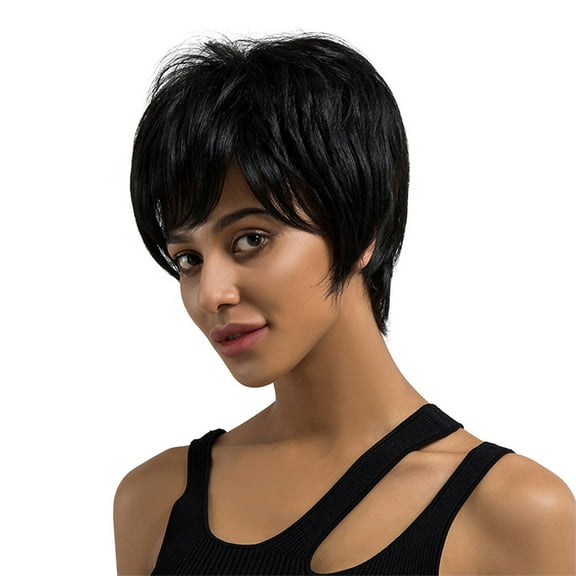 DOPI Human Hair Wigs For Women Black Color Natural Lace Hair Women Ladies Real Natural Short Straight Hair Wigs Cosplay Ful