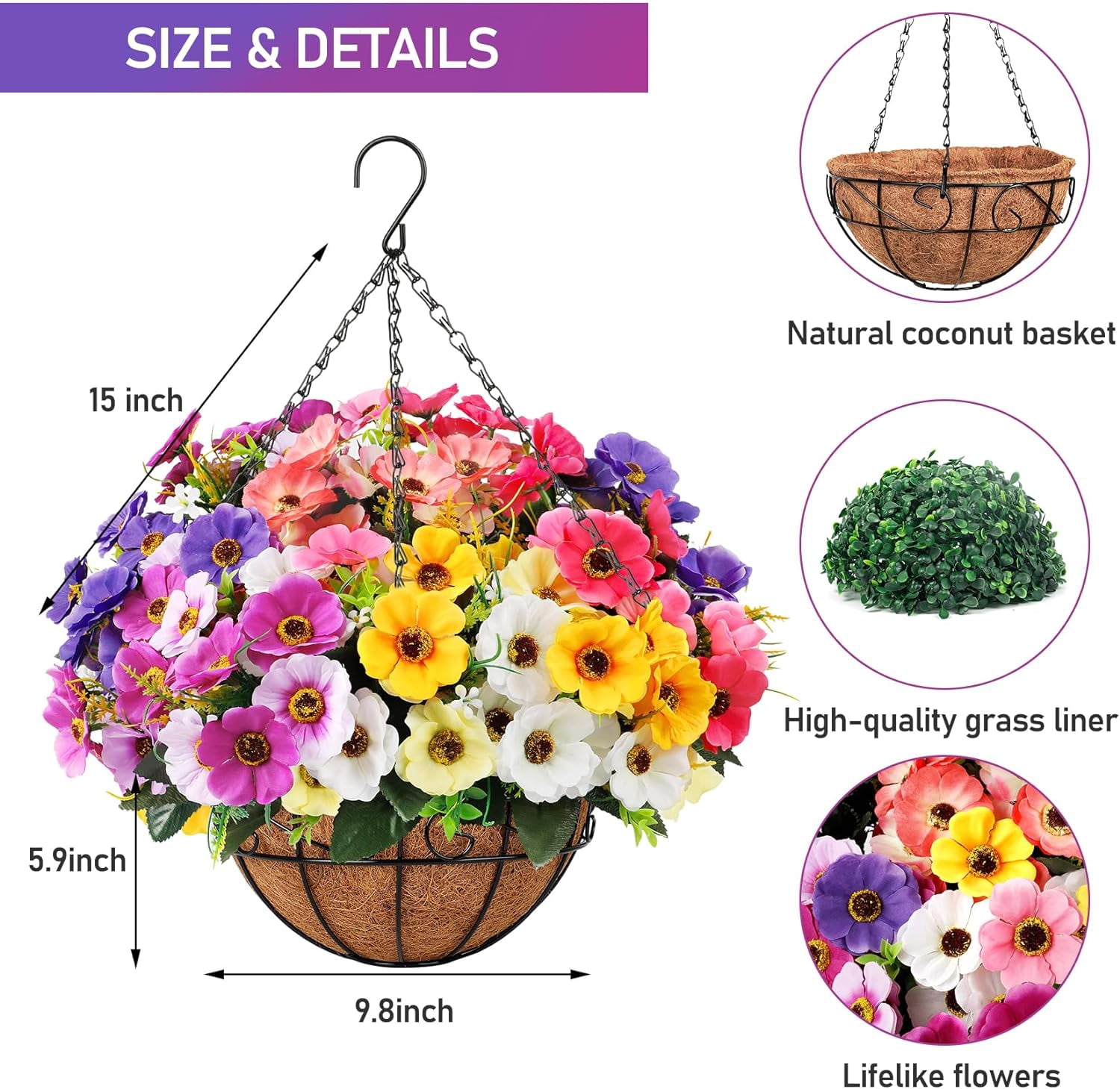 Artificial Fake Hanging Plants Flowers with Basket Outdoor Decor Faux Silk Dasiy Flower Arrangements in Pot Planter for Porch Home Indoor Patio Garden Yard Decoration
