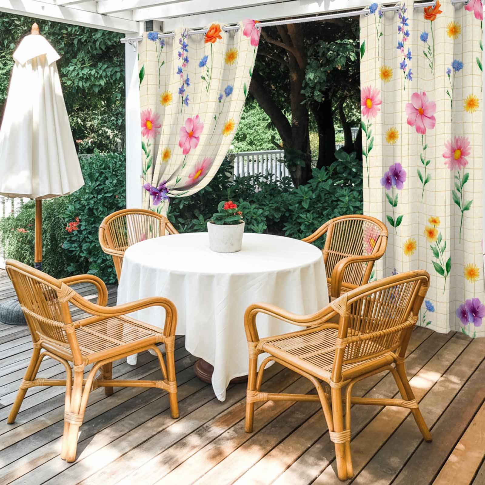 Spring Summer Wildflowers Outdoor Curtains for Patio, Pink Green Yellow Floral Plaid Sunshade Privacy Drapes Grommet Waterproof Outside Curtains for Porch/Cabana/Balcony 54"x 108", 2 Panel