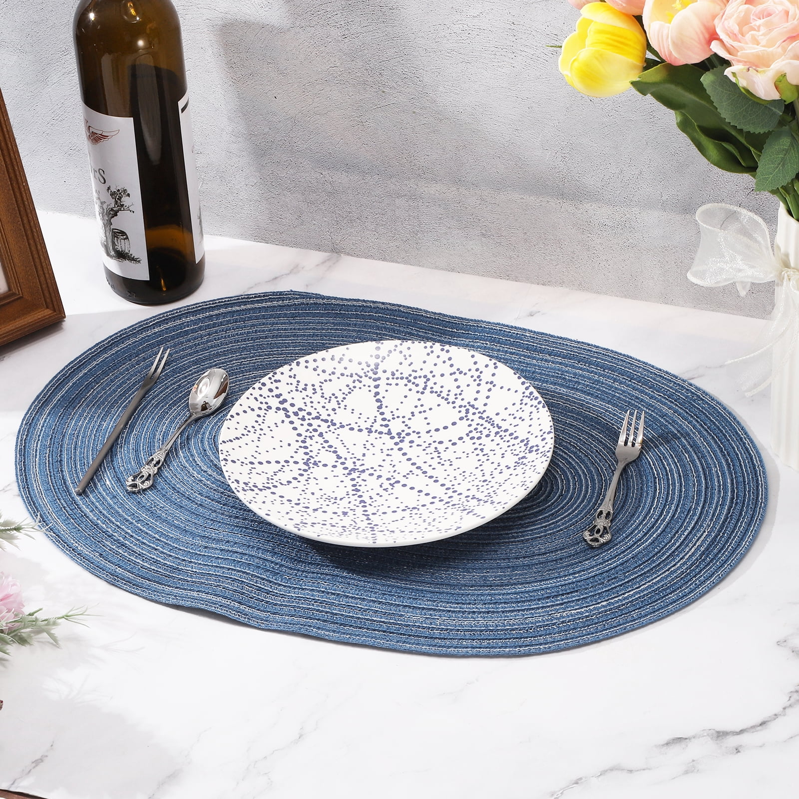 Uxcell 4pcs Oval Braided Placemats 20" Non-Slip Oval Table Mats for Dining Tables Washable Heat Insulation Woven Placemats, Dark Blue