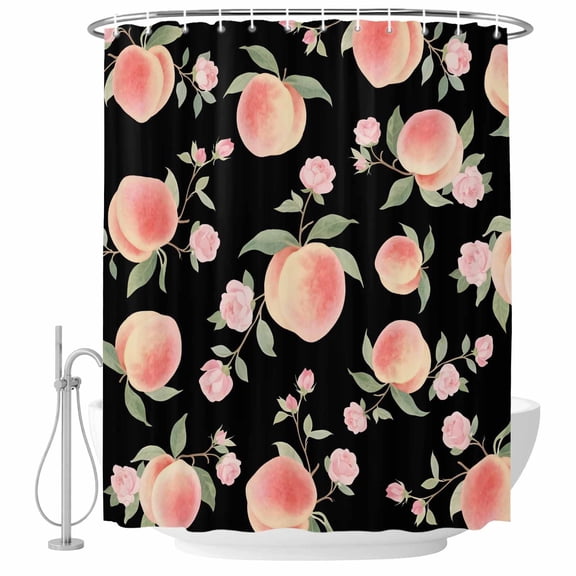 Peach Shower Curtains for Bathroom, Waterproof Bath Curtains Decor, Bath Tub Curtain Spring Floral Green Leaf Botanical Pink Fruit Black Decorative Shower Curtain Sets with 12 Hooks, 72x72 Inch