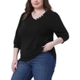 thumbnail image 4 of Blusa de Talla Grande para Mujeres, Manga 3/4, Cuello en V, Decoración de Botones, Camisetas Casual Sólidas 2X Negra, 4 of 6