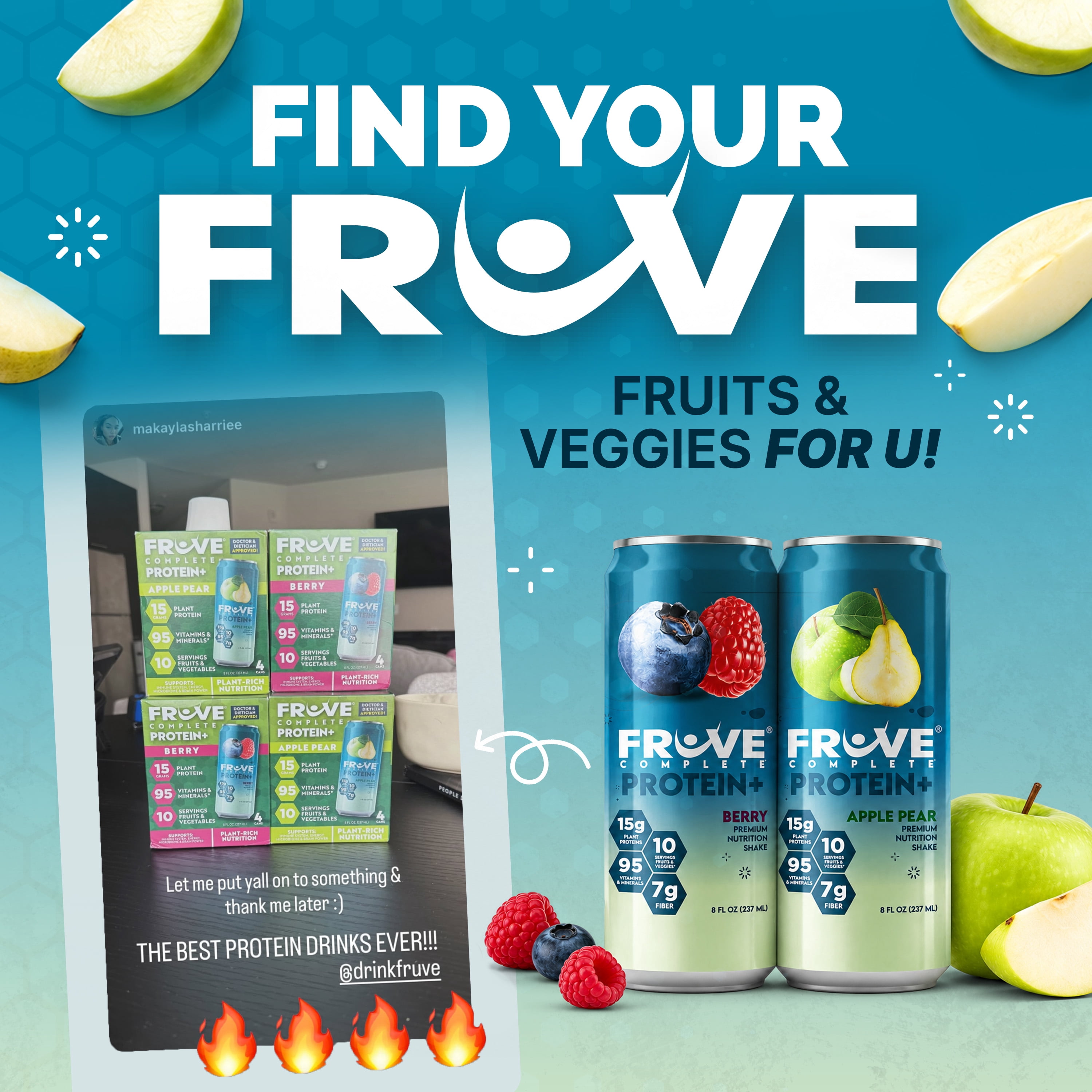 Fruve Complete Protein Nutritional Drink, Apple Pear, 8 fl oz, 4 Pack