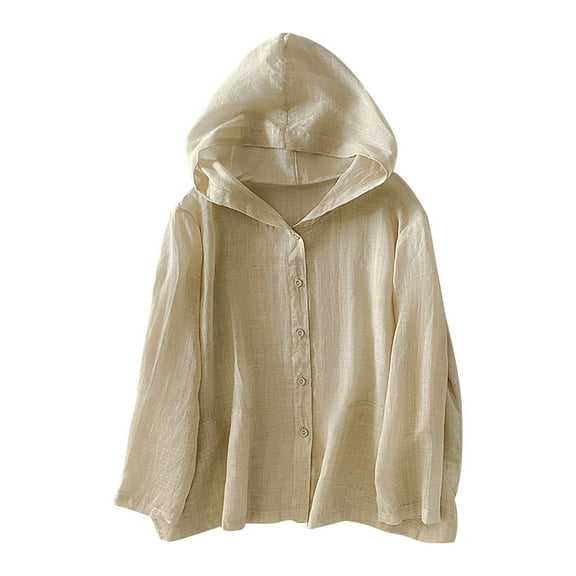 Annhoo Shirts for Women Linen Casual Solid Color Button Down Lightweight Long Sleeve Hooded Tops Spring Basic Clothes