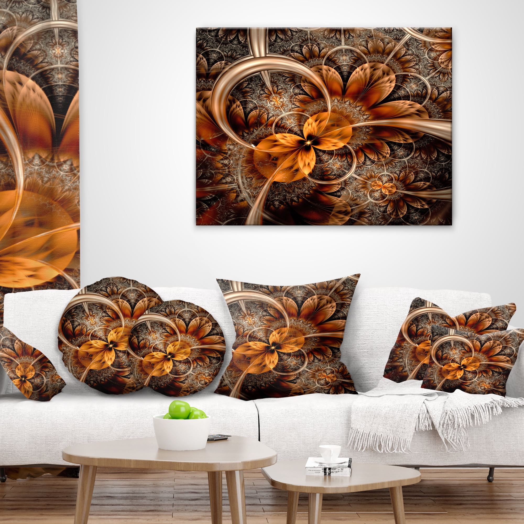 Designart Dark Orange Fractal Flower - Abstract Throw Pillow - 12x20