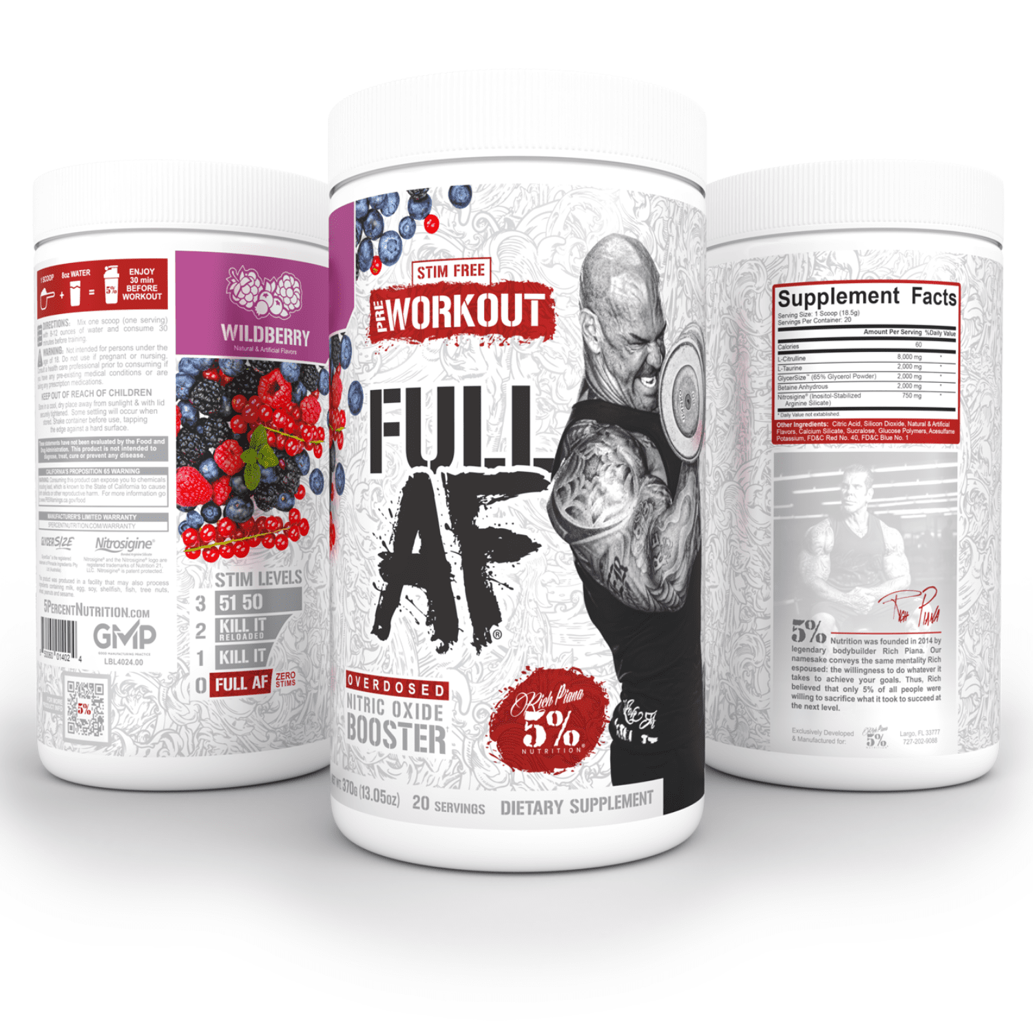 5% Nutrition Full AF Pre-Workout Stim-Free Powder Supplement, Caffeine-Free Max Pumps, 20 Servings (Wildberry)