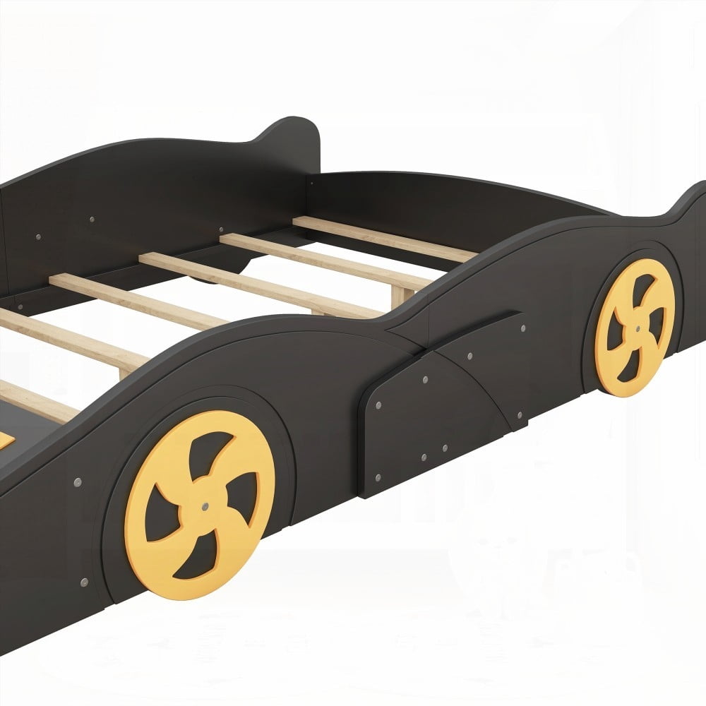 Solid Pine Wood Race Car Bed with Storage & Wheels | Black+Yellow