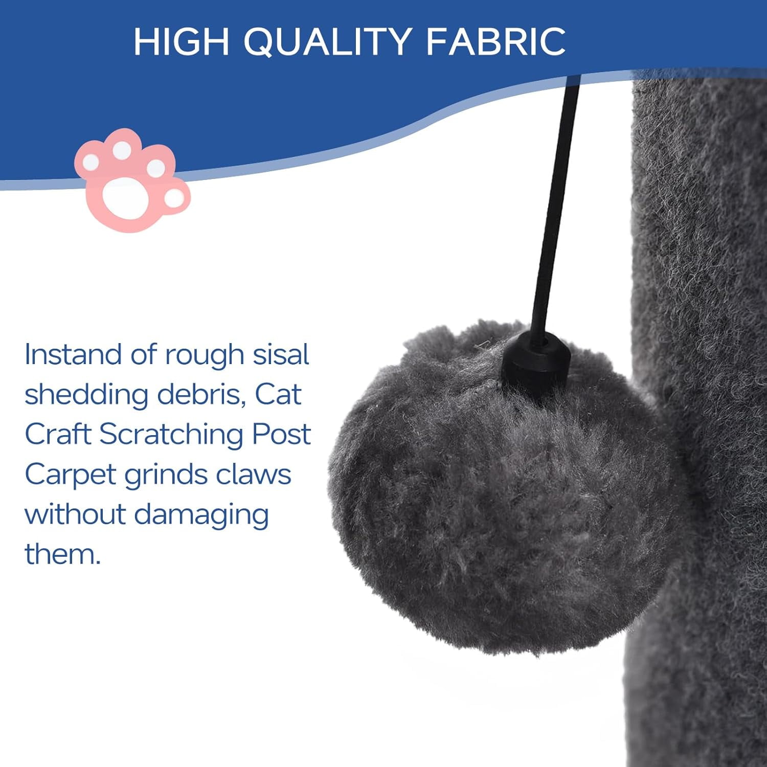 Cat Craft 41.73 ” Tall Gray Faux Fur Large Cat Scratching Post with Replaceable Toys and Sturdy Base
