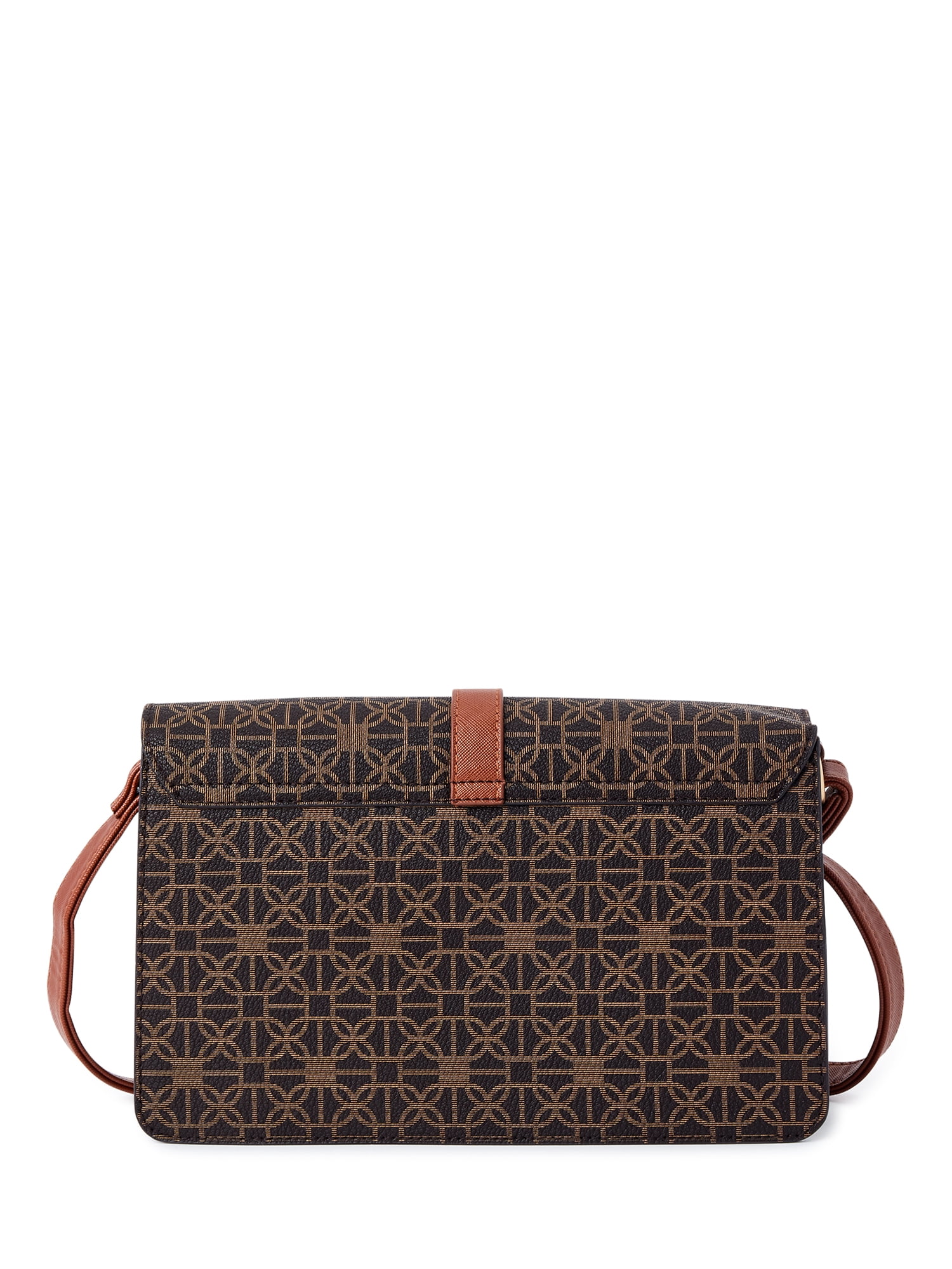 Time and Tru Women's Lori Front Flap Crossbody Handbag Brown Status Print