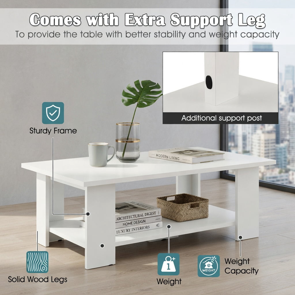 Demi Bonn 36" Wooden Coffee Table, Large 2-tier Modern Side Table with Storage Shelf for Living Room, Reception Room, White