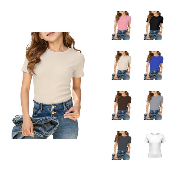 Girls T Shirt Ribbed Short Sleeve Crew Neck Plain Basic Summer Tees Fashion Clothing (5-14Y)