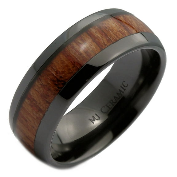 Metals Jewelry Black Ceramic 8mm Wedding Band, Inlay Made from Real Koa Wood, Ring Size 10