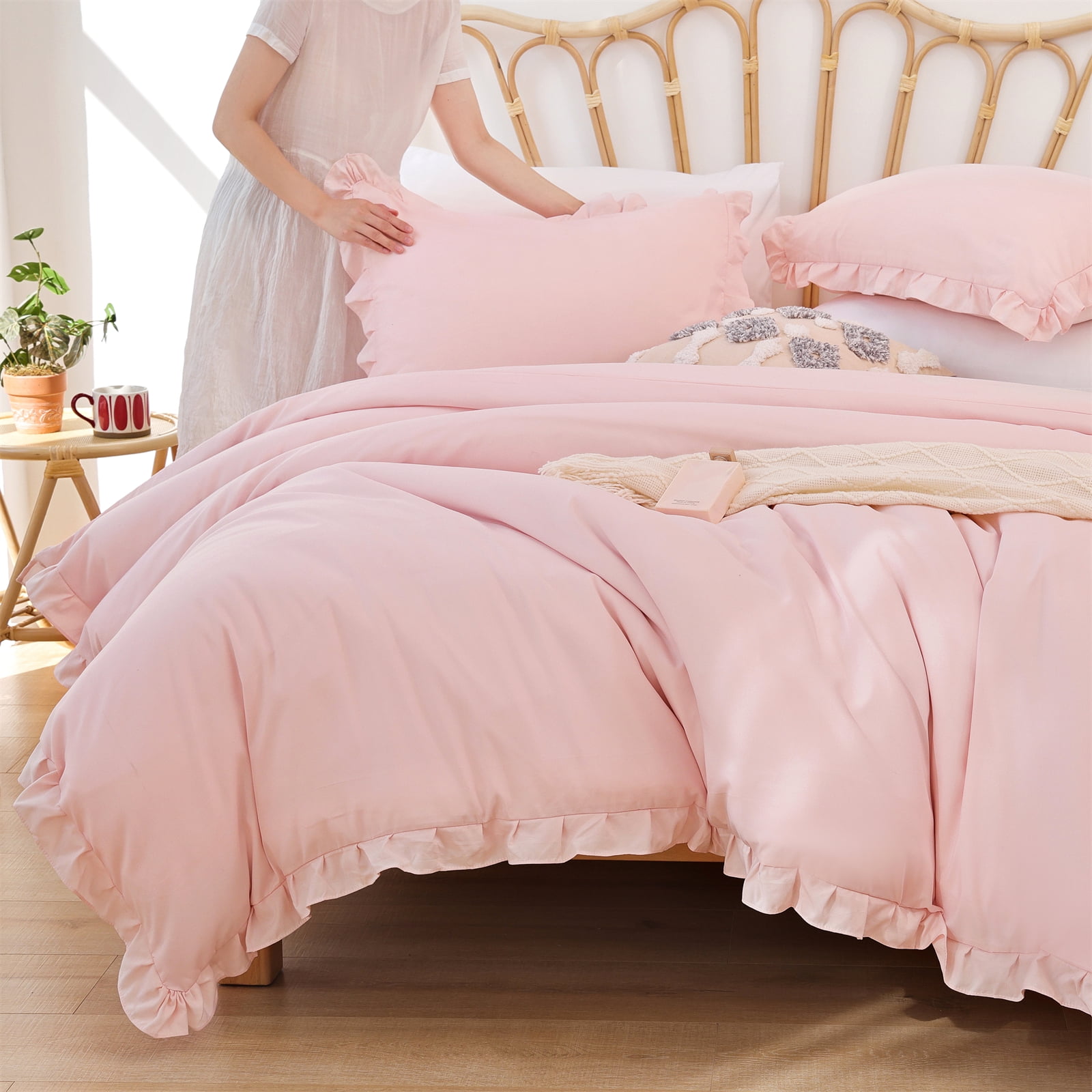 SPRINDAY Queen Comforter Set For Adult, 3 Piece Ruffle Pink Comforter Sets All Season