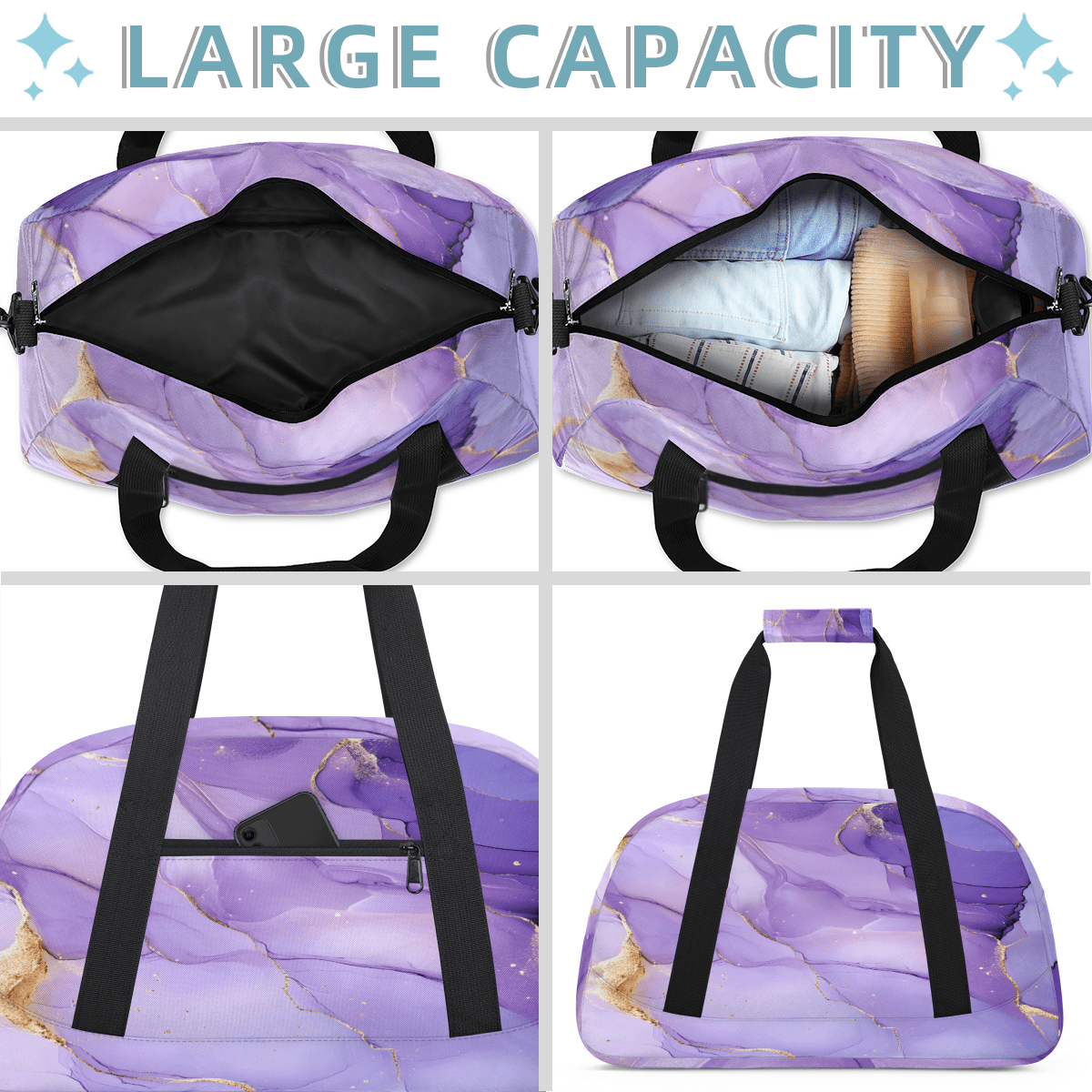 Herdesigns Purple Sports Duffle Bags Travel Duffle Bag Gym Bag Marble Weekender Travel Bag Waterproof Overnight Bag Carry On Travel Tote Bag Dance Bags