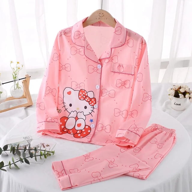 Sanrio-Pijama de Hello Kitty para niños, traje de dormir de manga larga, Cinnamoroll, Kuromi, Anime para el hogar, ropa de dormir para estudiantes, otoño