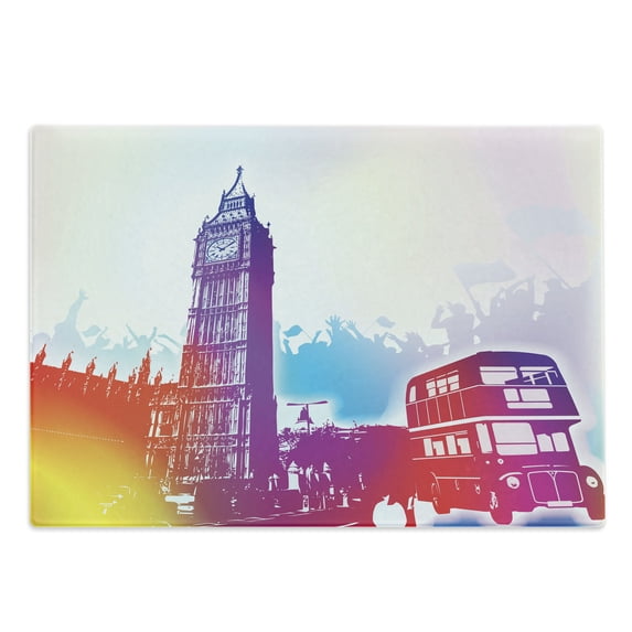 London Cutting Board, Historical Big Ben and Bus Bell Clock Tower UK Europe Street Landmark, Decorative Tempered Glass Cutting and Serving Board, Large Size, Purple Red Yellow, by Ambesonne