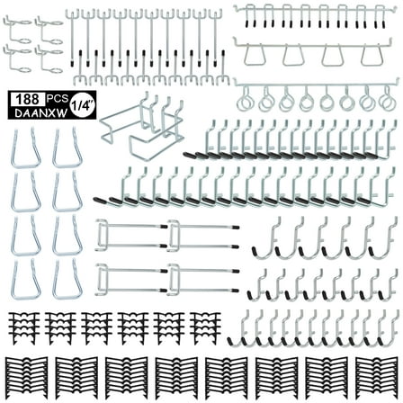 DAANXW 188-Piece 1/4" Steel Pegboard Hook Kit, Only Suitable for 1/4-in Pegboard Holes (Black)