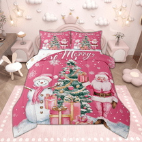 Manfei Girls Merry Christmas Bedding Comforter Set, Pink Santa Claus Snowman Twin Comforter Sets, Xmas Tree Gifts Bedding Set, Microfiber Bedroom Decor, Reversible 2pcs