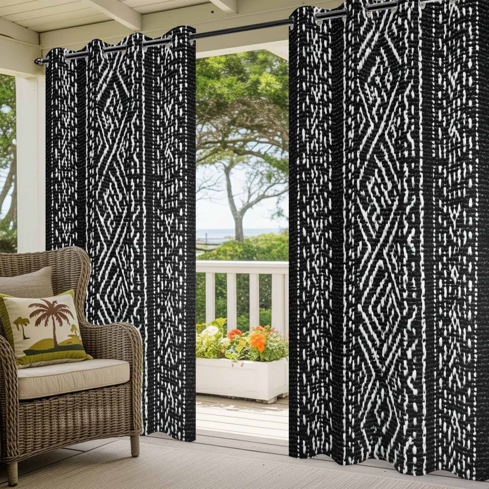 Black and White Geometric Outdoor Curtains for Patio, Boho Ethnic Stripe Woven Texture Sunshade Privacy Drapes Grommet Waterproof Outside Curtains for Porch/Cabana/Balcony 54"x 108", 1 Panel
