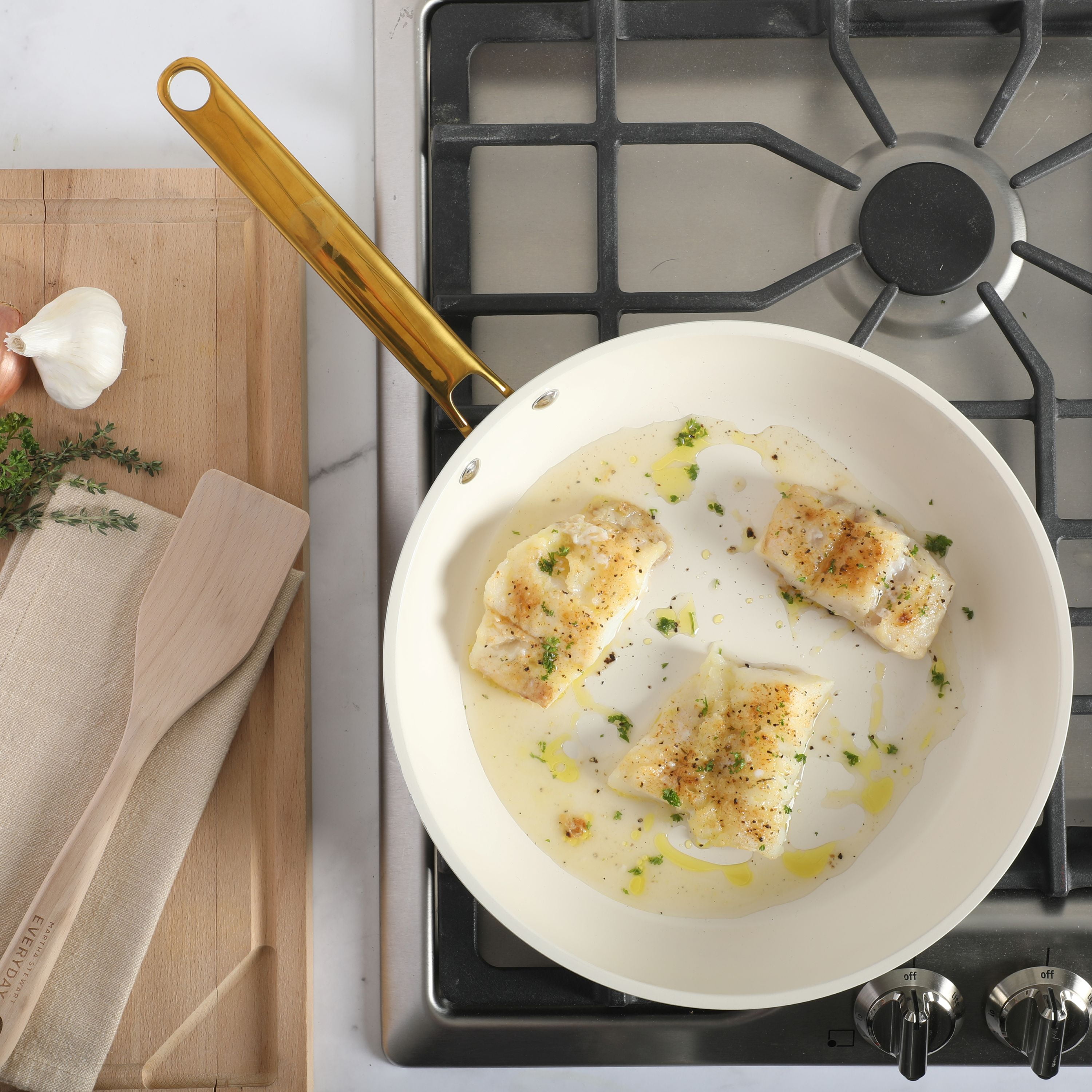Martha Stewart 12-Inch Ceramic Nonstick Frying Pan Skillet, Linen with Gold Handle