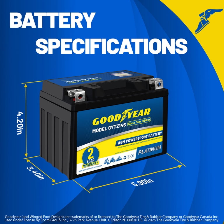 Goodyear GYTZ14S - 12 Volt 13 AH, 230 CCA, Rechargeable High