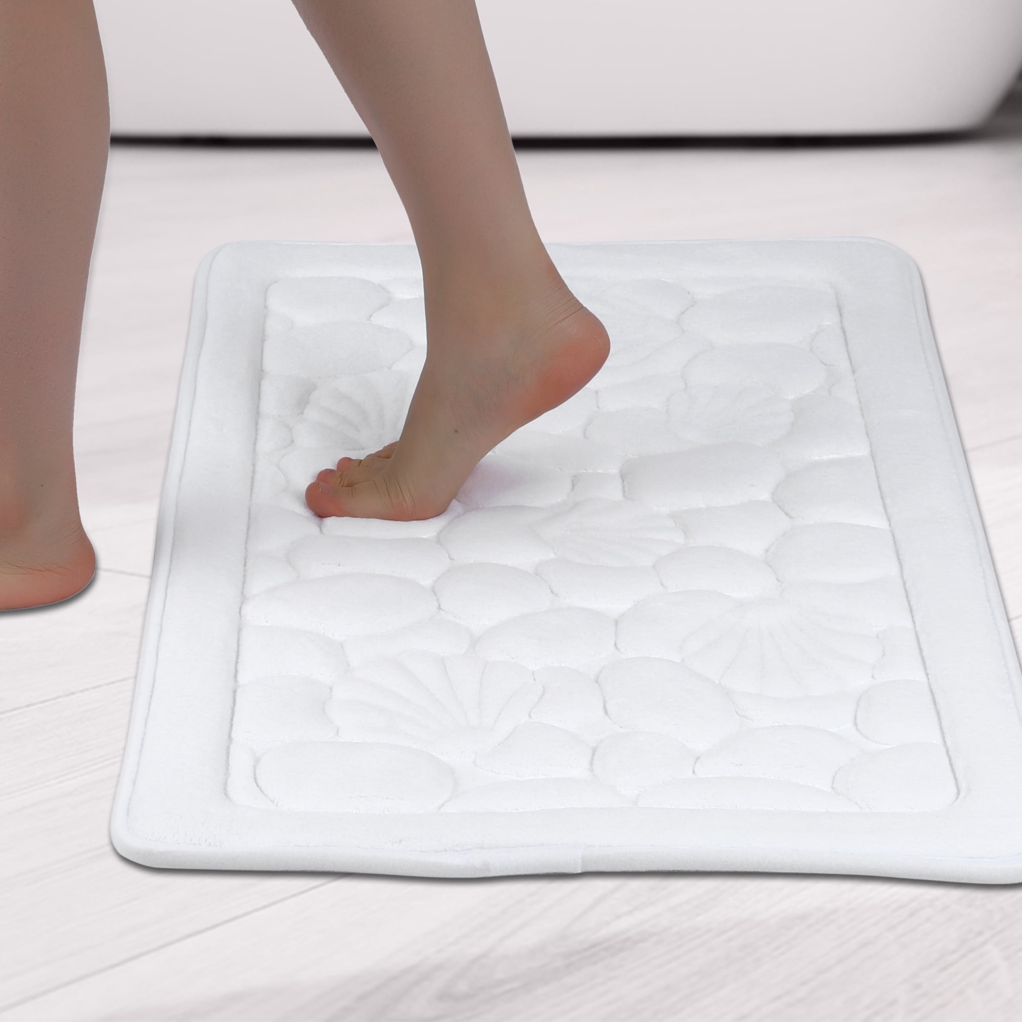 Unique Bargains Shell Pattern Bath Mat Memory Foam Non-Slip Bath Rugs White 16" x 24"