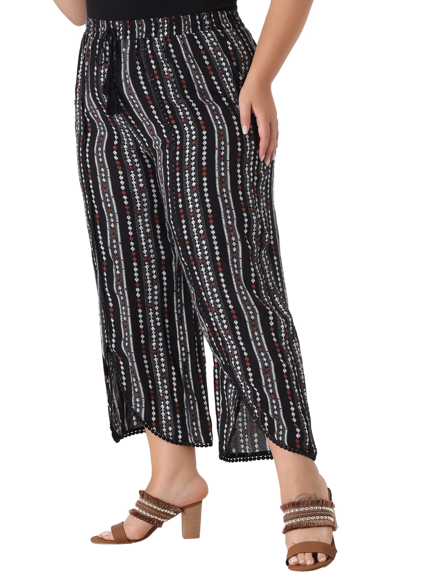 DARING DIVA Women's Plus Size Elastic Waist Flowy Striped Wide Leg Pant 1X Black