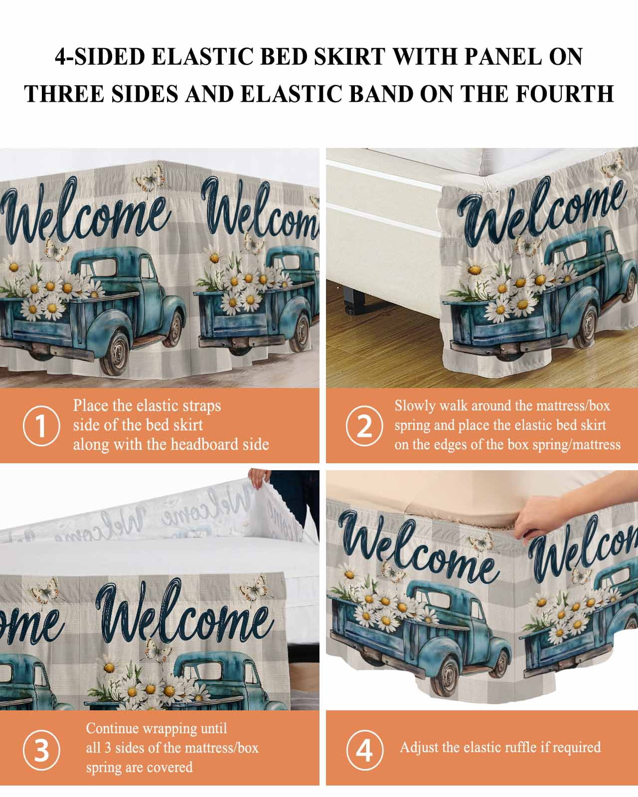 Daisy Butterfly Wrap Around Bed Skirts for Queen Bed 16" Drop,Bed Skirt with Adjustable Elastic Belt Dust Ruffle Bed Valance for Bedroom Hotel Blue Floral Truck Pastoral Grey Check Bed Frame Cover