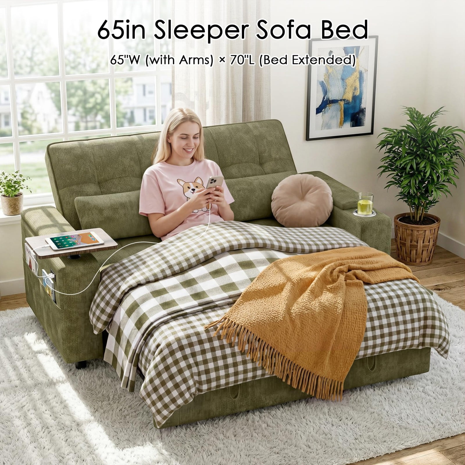65" Sleeper Sofa Bed, 3 in 1 Convertible Pull Out Couch with Chenille Fabric, USB Ports, Storage Arms, Adjustable Backrest for Apartment Living Room, Green