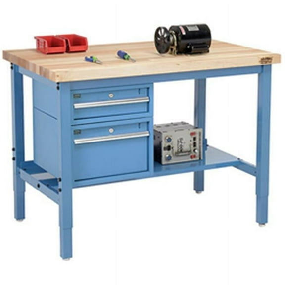 60 x 36 in. Production Workbench - Maple Butcher Block Square Edge with Drawers & Shelf, Blue